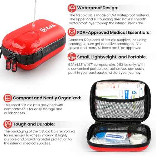 First Aid Kit for Travel, Car & Emergency Survival - Compact Waterproof Medical Supplies with Trauma Bandages,Burn Gel & Fever Cooling Patch, Portable for Camping,Hiking,Hunting,Sports,Dorm,Boat (Red)
