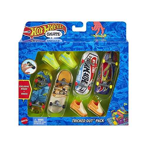 Hot Wheels Skate 4 Fingerboards & 2 Pairs of Removable Skate Shoes, Tricked Out Pack of Fully Assembled Boards, 1 Exclusive Set