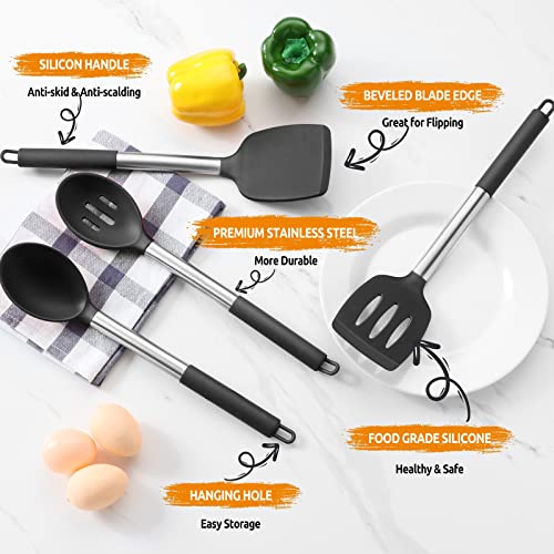 Black Silicone Cooking Utensil Set of 4 - Non-Stick Safe Kitchen Tools