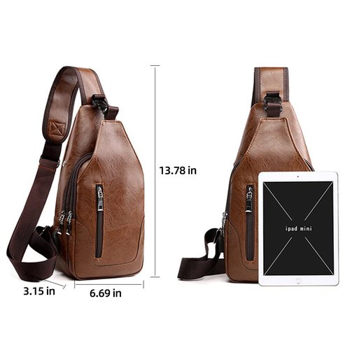 Peicees Leather Sling Bag Mens Crossbody Chest Bag Sling Backpack for Men with USB Charge Port, Vertical Zipper/Light Brown