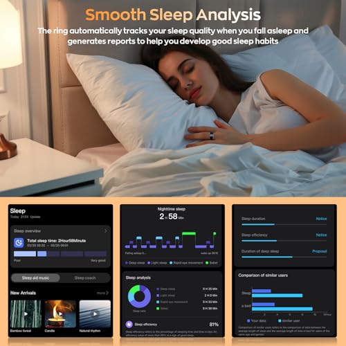 Smart Ring with Sleep Monitoring, Step Counting, Heart Rate, Blood Oxygen for iOS and Android, No Subscription Fee, IP68 Waterproof Health Tracker (Gold, 7)