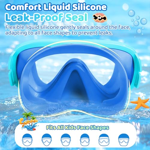 Kids Swim Goggles with Nose Cover, Fabric Strap No Leak, Blue Green / Vibrant