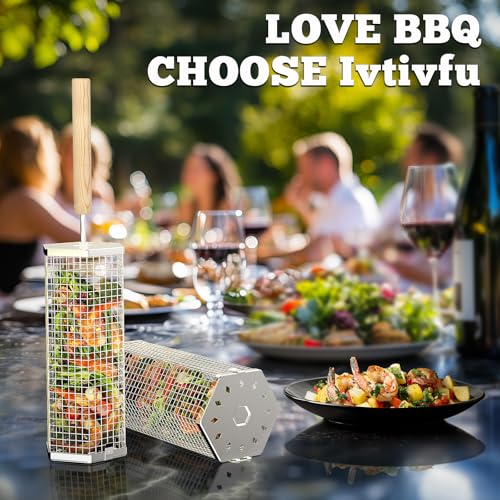 Outdoor Grill Basket with Removable Wooden Handle - Camping & Barbecue Accessory