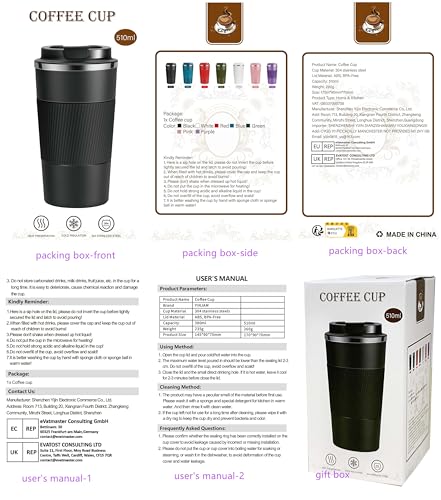YINJAM Reusable Insulated Travel Mug 510ml Stainless Steel Hot Cold Coffee Cup - Black