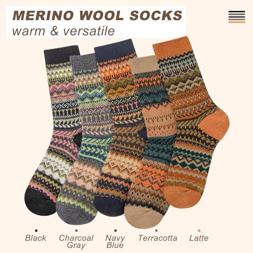 Womens Socks 5 Pairs Warm Merino Wool Socks for Women Thermal Boot Crew Lightweight Gifts Size 9-11