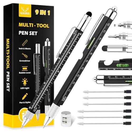 Gifts for Dad Men Him,2 Pack Multitool Pen,Multi-tool Pen with [Stylus, Ballpoint Pen, 6 refills, 4" Ruler, Level, Phillips Screwdriver,LED] (Black)