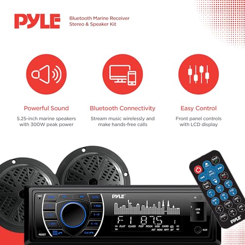 Pyle Marine Headunit Receiver Speaker Kit - In-Dash LCD Digital Stereo Built-in Bluetooth & Microphone w/ AM FM Radio System 5.25¡¯¡¯ Waterproof Speakers (2) MP3/SD Readers & Remote Control-PLMRKT46BK
