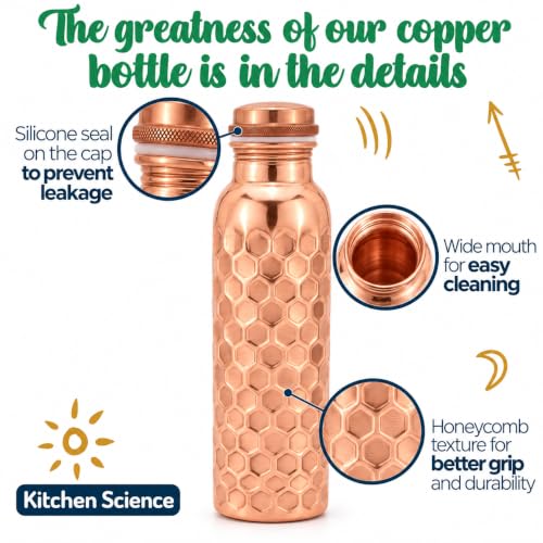 Copper Water Bottle with Leather Sling - 34oz Ayurvedic Honeycomb Design, Tan Brown