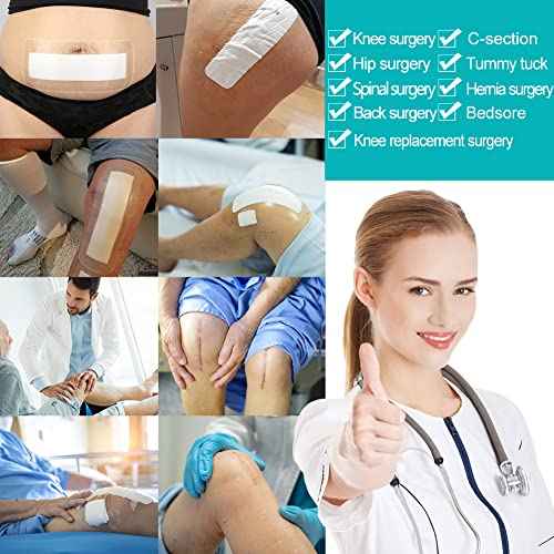 Waterproof Knee Replacement Surgery Bandage | 4x8 Inch Shower Protector Island Dressing Pad Bordered Gauze | Hip Surgery Recovery Large Wounds Incision Cover with Adhesive Border (Pack of 14)