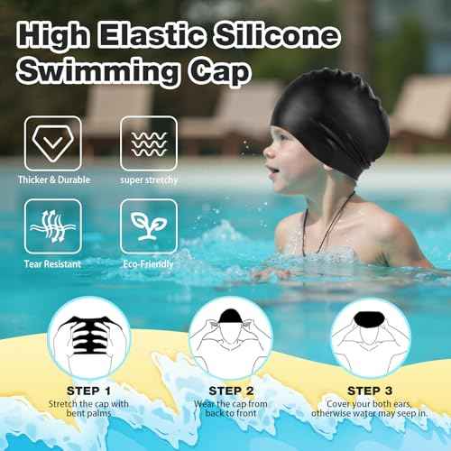 Swim Cap Kids for Long Hair, 2 Pack Silicone Swimming Cap for Boys Girls Aged 3-15, Durable Kids Swim Cap Short Hair, Fit Waterproof Swim Caps for Kids Toddler, with Ear Plugs & Nose Clip