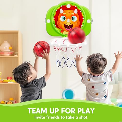 SYNCFUN Dinosaur Mini Basketball Hoop LED Scoring Toy for Kids, Adjustable & Space-Saving Indoor Play, Over 18 Months