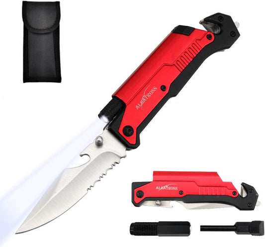 ALBATROSS 6-in-1 Survival Tactical Military Folding Pocket Knives with LED Light,Seatbelt Cutter,Glass Breaker,Magnesium Fire Starter,Bottle Opener;Multi-Function Emergency Tool(Black)
