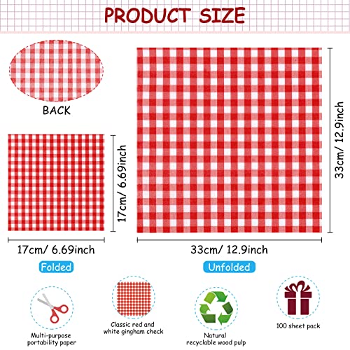 Gingham Paper Napkins 100 Sheets - Red & White Square, Disposable Kitchen Decor