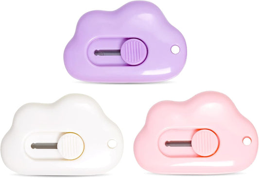 Fengek 3 Pcs Mini Retractable Utility Knife Cloud Pocket Box Cutters Plastic Letter Opener Slide Open with Keychain Hole for Box Letter Envelope, Cloud Shape (Multicolor A)