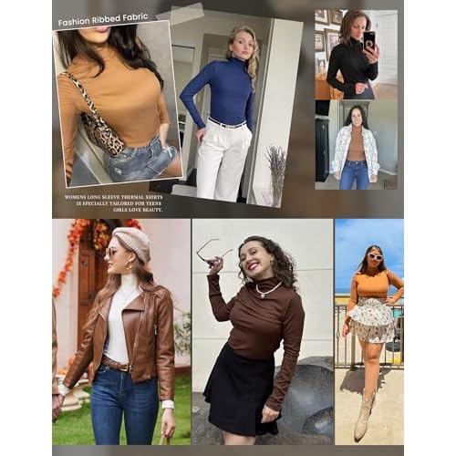 Ekouaer Women Turtleneck Shirt Long Sleeve Layer Tops Basic Ribbed Tees Soft Stretch Thermal Undershirts Lightweight Blouse