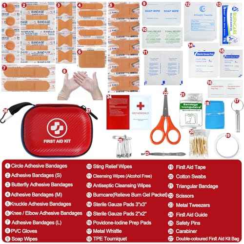 Small First Aid Kit - 185 Pieces Waterproof Emergency Kit for Home, Car, Office, Travel, Camping, Hiking & Outdoor - Portable Hard Case Survival Kit with Premium Supplies(Blue/Red)