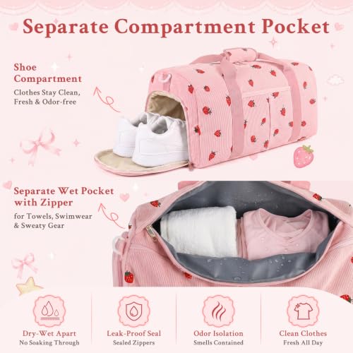 Pink Strawberry Corduroy Duffle Bag for Girls Kids Teens with Shoe & Wet Dry Separation