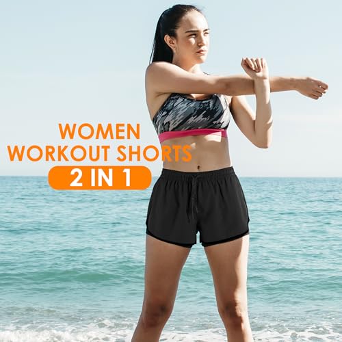 Women's 2-in-1 Running Shorts Medium Black High-Waisted Workout Gym Shorts