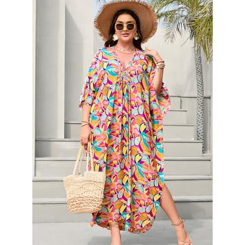 Women's Plus Size Tropical Kaftan Dress V-Neck Batwing Sleeve Beach Cover Up for Swimsuit Vacation Caftan Dress