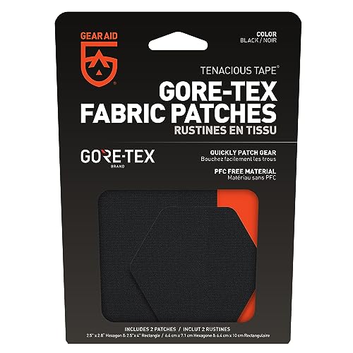 GEAR AID Tenacious Tape Gore-TEX Fabric Patches for Quickly Fixing Holes and Tears in Jackets, Gloves, Rain and Ski Pants, Black, 2.5” x 2.8” Hexagon, 2.5” x 4” Rectangle