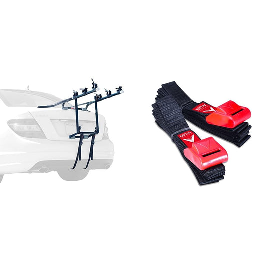 ALLEN Deluxe 3-Bike Trunk Mount Rack, Blk/Silver & Sports 8 Ft Polyester Cargo Straps with Padded Cam Buckles (500 lb Break Strength), Model 508S