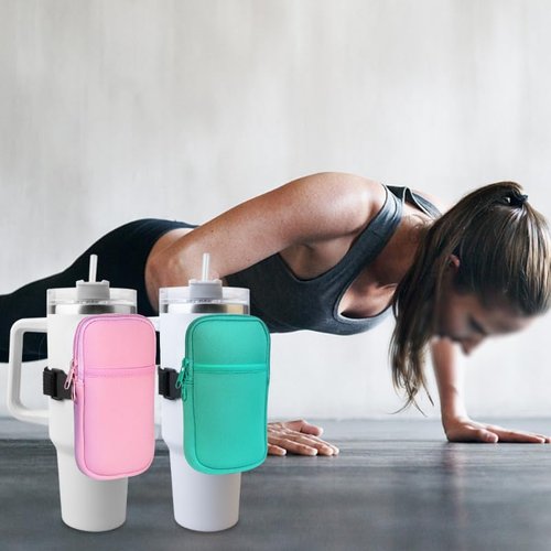 Vidotim Water Bottle Pouch for Stanley Accessories, Running Water Bottle Handheld Caddy Compatible with kinds of Tumbler, Gym Water Bottle (2, Green+Pink, Longer)