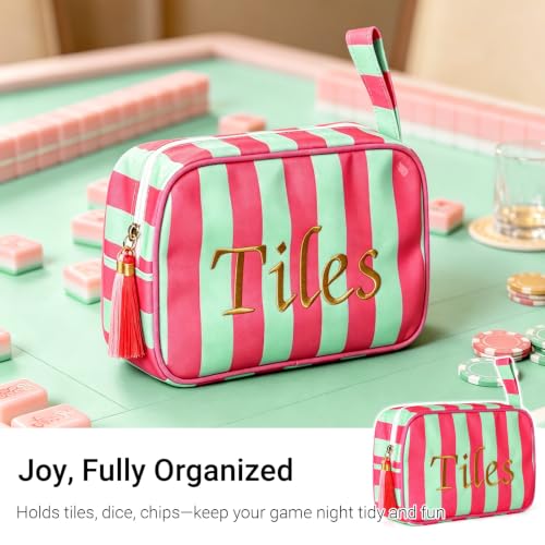 Hot Pink & Mint Mahjong Tile Bag with Handle - Embroidered Design & Plush Interior
