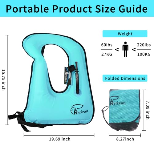 Blue Inflatable Snorkel Vest for Adults up to 220 lbs - Adjustable Buoyancy Life Jacket