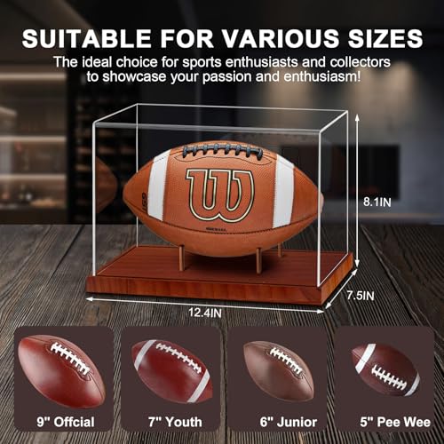 Football Display Case - Acrylic Clear UV Protected with Solid Wood Base - Brown Variation