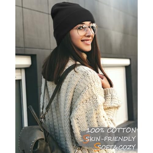 100% Cotton Beanie Hat- Unisex Ultra Soft Winter Warm Stretch Knit Cuffed Hats Fisherman Beanies Skull Cap