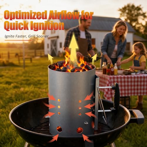 Large Charcoal Chimney Starter with 60 Natural Fire Starters - Charcoal Chimney Set