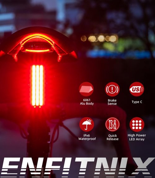 ENFITNIX XlitET2 USB Smart Bike Tail Light, Bicycle Brake Sensing Rear Bike Light,IPX6 Waterproof 5 Modes Safety Warning LED Bike Light