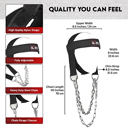 Neck Harness for Weight Lifting and Neck Strength Training - Adjustable Nylon Straps, Metal Chain