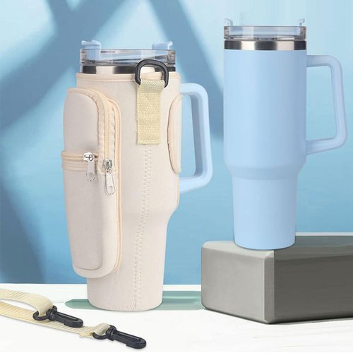 Water Bottle Carrier Bag with Phone Pocket Stanley Cream Water Bottle Holder Sleeve with Strap Carrier Tumbler Pouch for Stanley Cup 30 40oz (Cream)