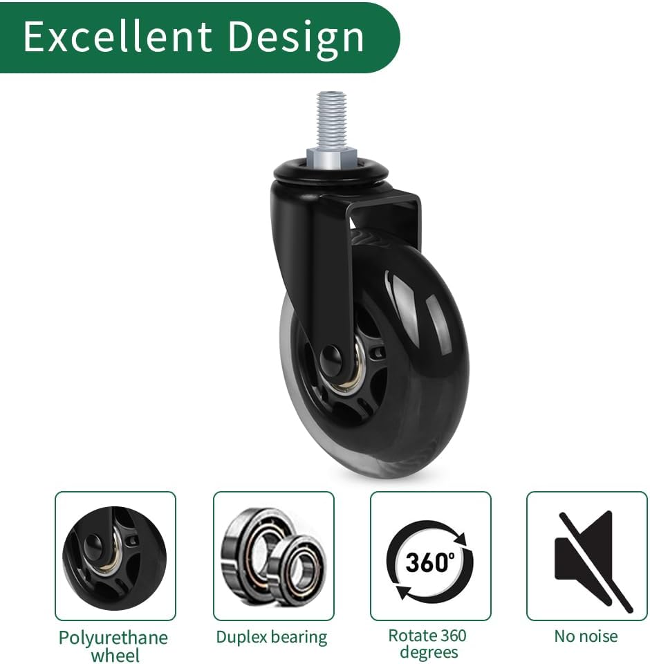8T8 Office Chair Caster Wheels with 5/16''-18x1 Threaded Stem Caster, Heavy Duty 3" Replacement Rubber Office Chair Wheels for Smart Home Offices, Safe for Hardwood Tile Floors