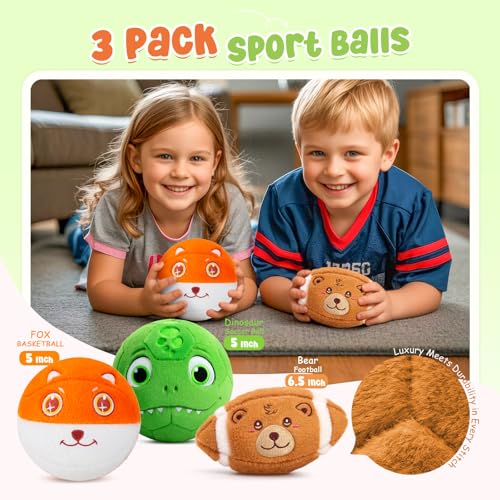 VangeBow 3 Pack Soft Plush Sports Balls for Toddlers – Bear, Dinosaur & Fox Design, Indoor Baby Toy Set
