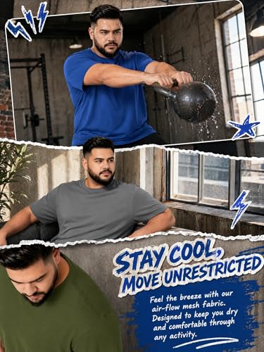 Men's Workout Gym Dry Fit Short Sleeve T-Shirts Big & Tall 3X-Large 5 Pack - Black Gray White Blue Green