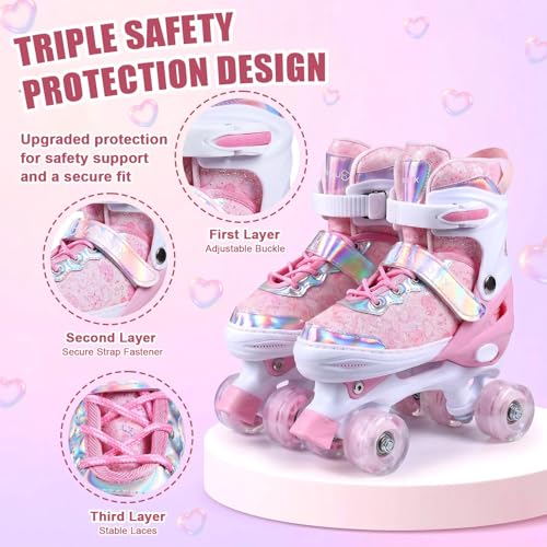 Pink Adjustable Kids Roller Skates for Girls Boys Toddlers Teens Youth - Small (10C-13C)