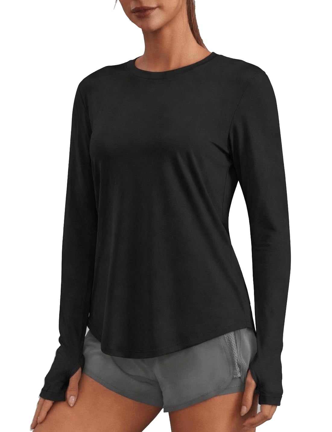 PINSPARK Long Sleeve Workout Shirts for Women UPF Sun Protection Quick Dry Lightweight Yoga Golf Travel Hiking Shirts,Black Medium