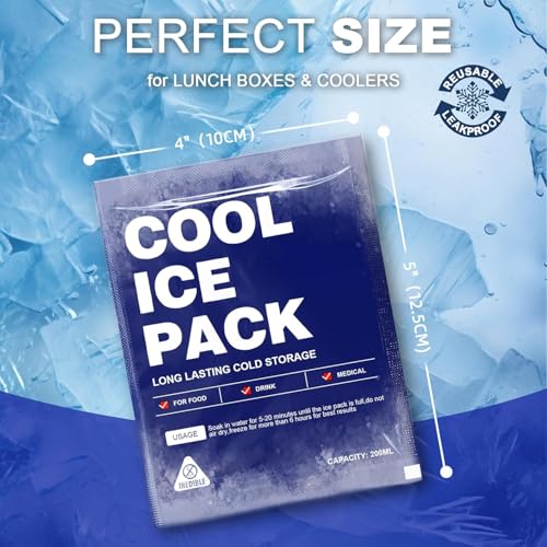 Food Ice Packs for Coolers, 24H Cooling Leakproof | Frozen Food Shipping & Lunch Boxes Reusable Cold Packs | Slim Long-Lasting Gel Freezer Packs Coolers Accessories for Beach, Travel, Camping