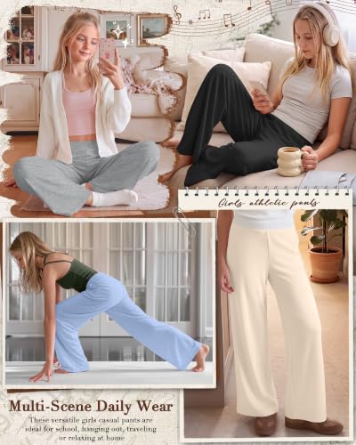 Girls' Wide Leg Yoga Pants Set - 4 Pack, Sizes 11-12 Years, Blue Beige Gray Black
