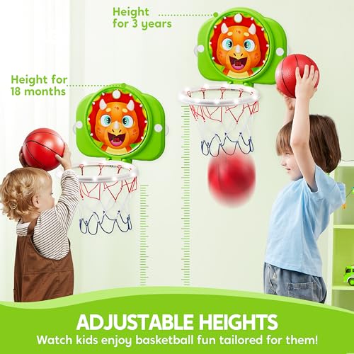 SYNCFUN Dinosaur Mini Basketball Hoop LED Scoring Toy for Kids, Adjustable & Space-Saving Indoor Play, Over 18 Months