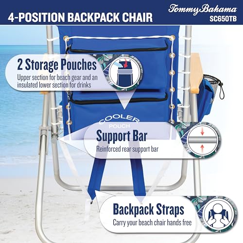 Tommy Bahama Hi-Boy 17" Seat Height 4-Position Lace-Up Suspension Folding Beach Backpack Chair, 2-Pack, Stripe