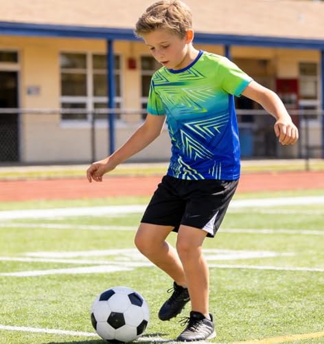 Kids Soccer T-Shirt Boys Athletic Quick Dry Moisture Wicking Size 7-14 Green Blue, 9-10 Years