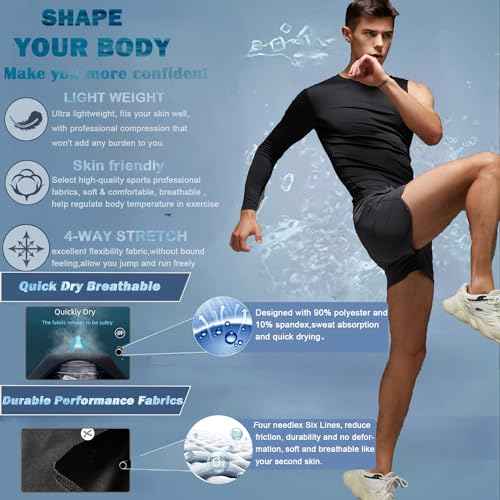 Men's Compression Shirts Single Arm Long Sleeve Basketball Athletic Workout Shirt Tops Baselayer Undershirt