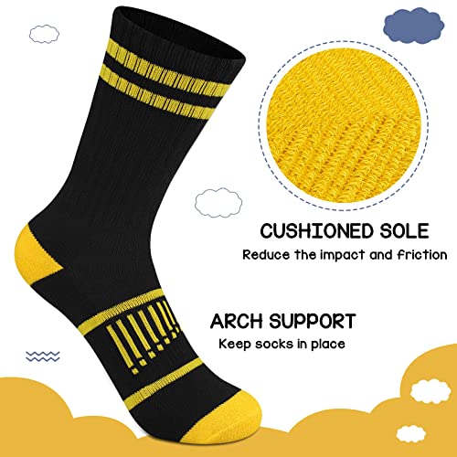 Comfoex Boys Crew Socks - Athletic Half Cushioned Calf Socks for 7-10 Years, Black - 6 Pairs