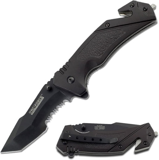 Tac-Force Folding Pocket Knife – Black Partially Serrated Stainless Steel Tanto Blade, Black Aluminum Handle with Rope Cutter, Glass Punch, Tactical, EDC, Rescue - TF-810T