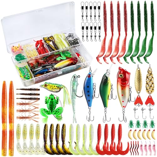 71Pcs Fishing Lures Kit with Tackle Box, Baits, Hooks, Soft Plastics