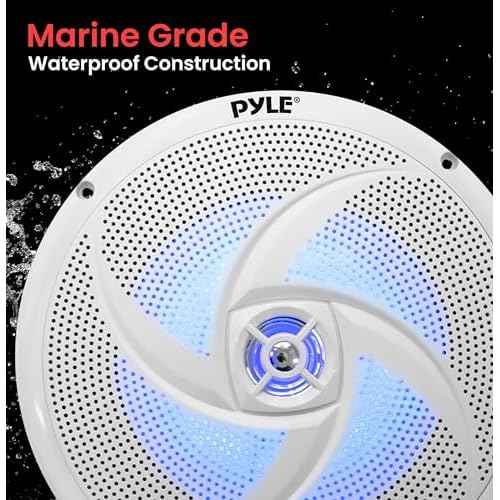 PyleUsa 8 Inch Marine Speakers - 2 Way Full Range Stereo Sound, 160 Watt, White - LED Light: Blue Illumination, Water-Resistant Design