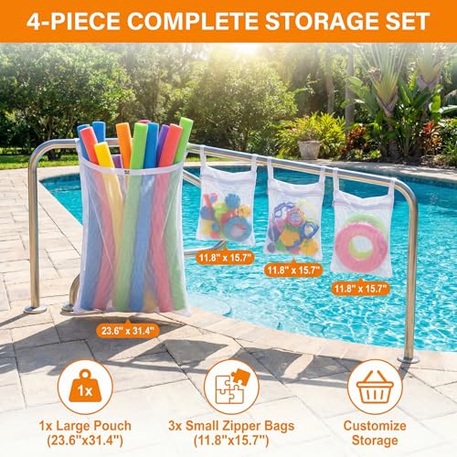 White Mesh Pool Storage Bags Set - 4 Pieces for Pool Toys & Floats